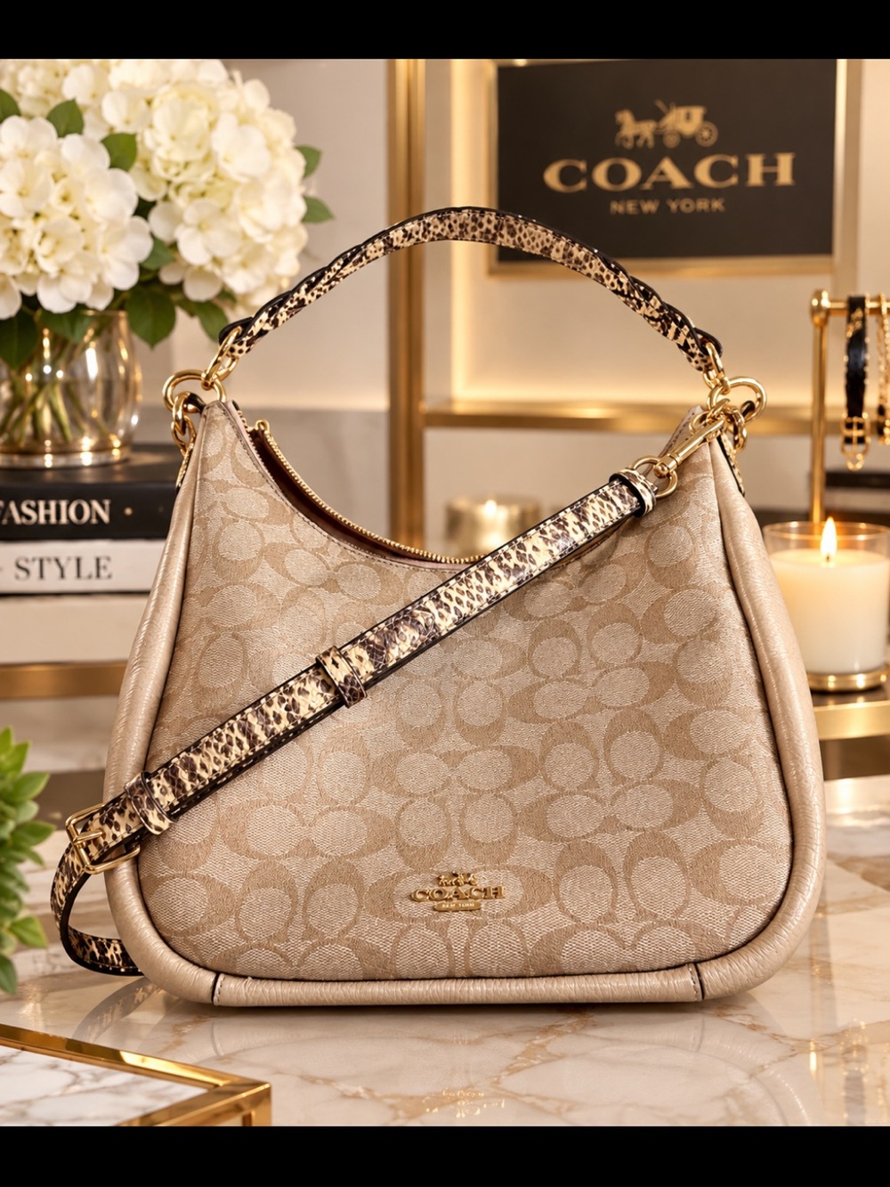 Coach Beige Signature Jacquard Shoulder Bag with Snake-Print Strap